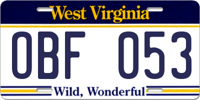 WV license plate OBF053