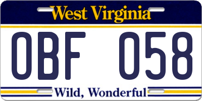 WV license plate OBF058