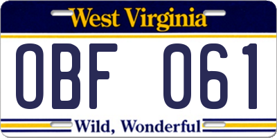 WV license plate OBF061