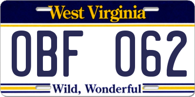 WV license plate OBF062