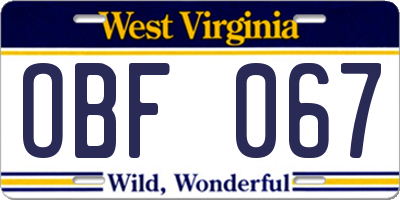 WV license plate OBF067