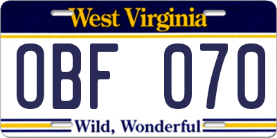 WV license plate OBF070