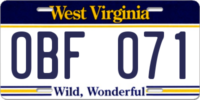 WV license plate OBF071