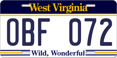 WV license plate OBF072