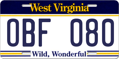 WV license plate OBF080