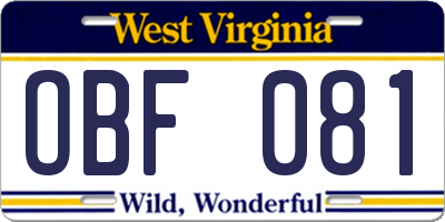 WV license plate OBF081