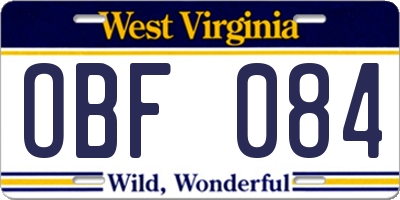 WV license plate OBF084