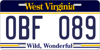 WV license plate OBF089
