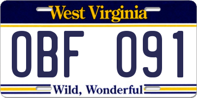 WV license plate OBF091