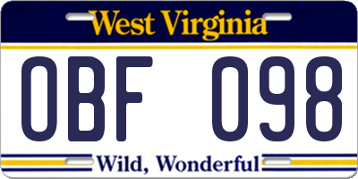 WV license plate OBF098