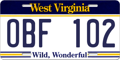 WV license plate OBF102