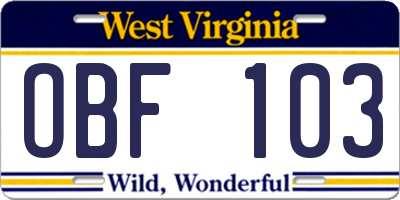 WV license plate OBF103