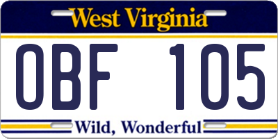 WV license plate OBF105