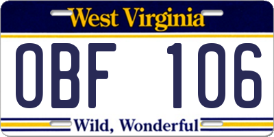 WV license plate OBF106