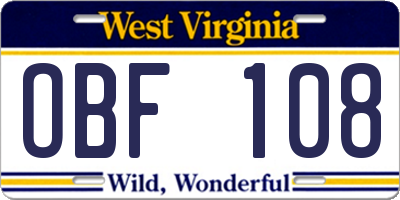 WV license plate OBF108