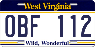 WV license plate OBF112