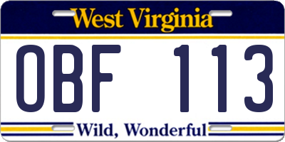 WV license plate OBF113