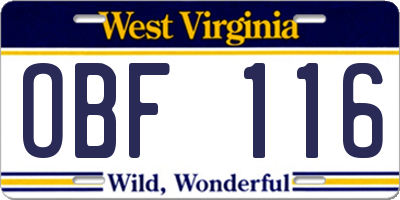 WV license plate OBF116