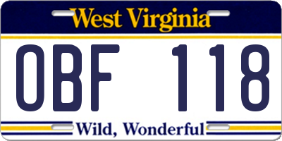 WV license plate OBF118