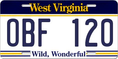 WV license plate OBF120