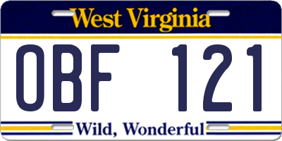 WV license plate OBF121