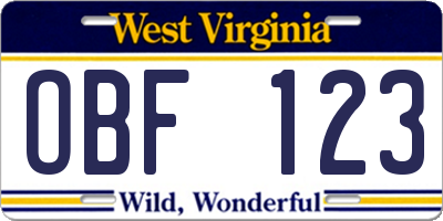 WV license plate OBF123