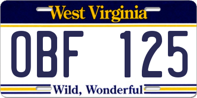 WV license plate OBF125