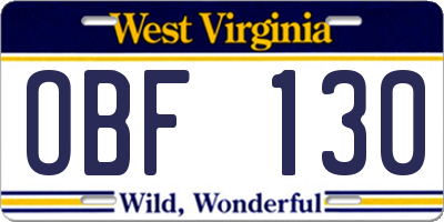 WV license plate OBF130
