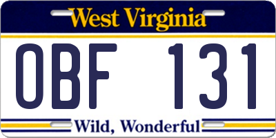 WV license plate OBF131