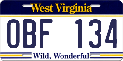 WV license plate OBF134