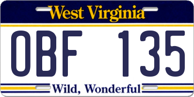 WV license plate OBF135