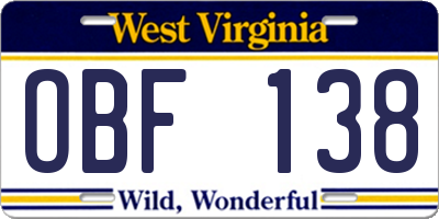 WV license plate OBF138