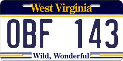 WV license plate OBF143