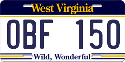 WV license plate OBF150