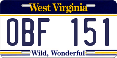 WV license plate OBF151