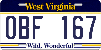 WV license plate OBF167