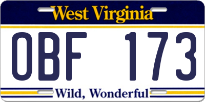 WV license plate OBF173