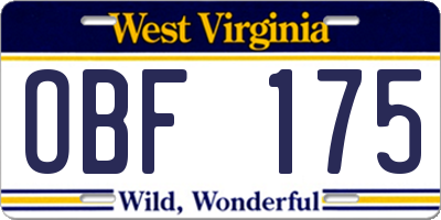 WV license plate OBF175