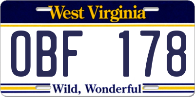 WV license plate OBF178
