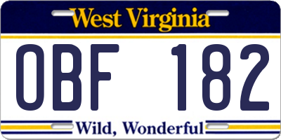 WV license plate OBF182