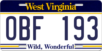 WV license plate OBF193