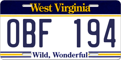 WV license plate OBF194