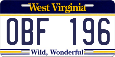 WV license plate OBF196