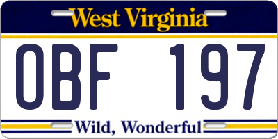 WV license plate OBF197