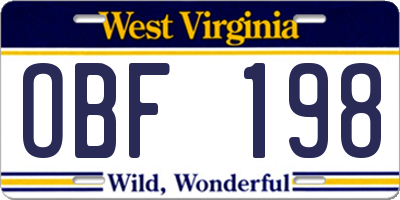 WV license plate OBF198