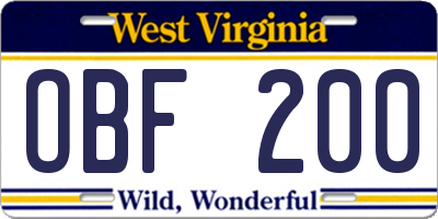 WV license plate OBF200