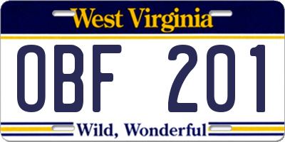 WV license plate OBF201