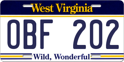 WV license plate OBF202