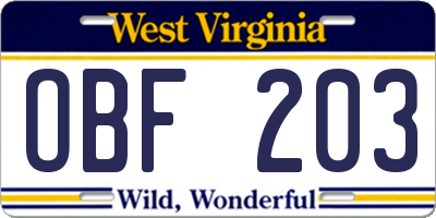 WV license plate OBF203
