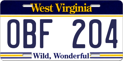 WV license plate OBF204
